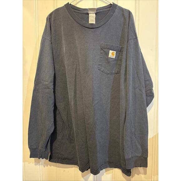 Vintage Carhartt Mens 2XL Long Sleeve Y2K Workwear Pocket Tee Shirt Navy Blue - Picture 2 of 14